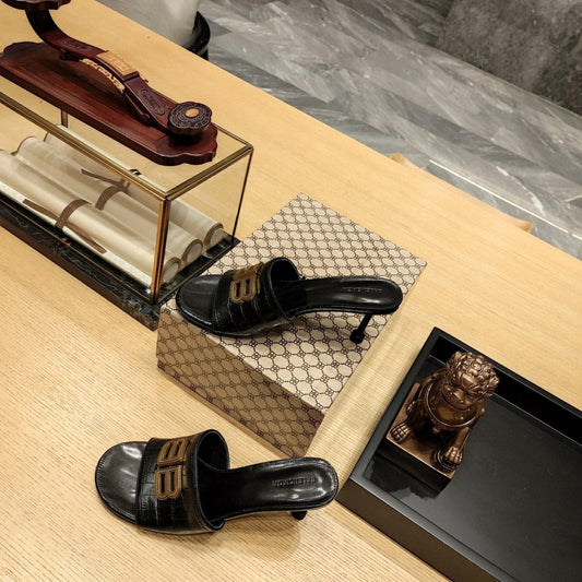 Balenciaga 26s Heeled Sandals 70 Black Crocodile Patterned Cowhide 681349