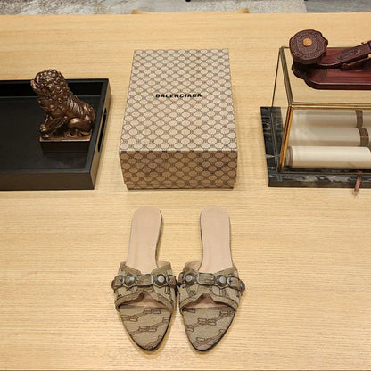 Balenciaga 26s Flat Slippers Light Brown Canvas Leather 681304