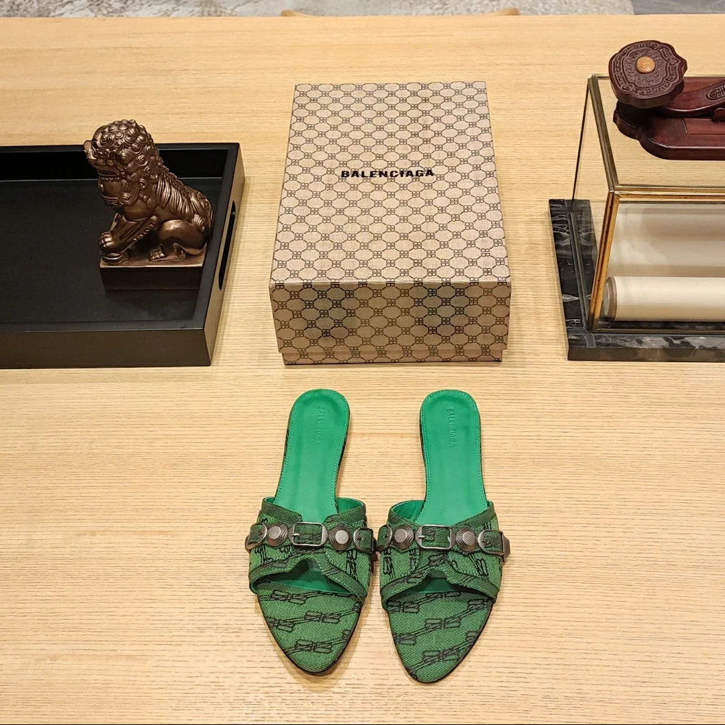 Balenciaga 26s Flat Slippers Dark Green Canvas Leather 681307