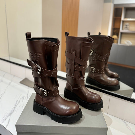 Balenciaga 25s buckled high boots brown calfskin 467612