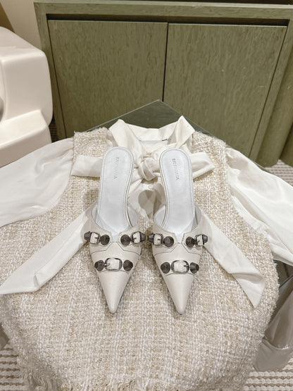 CAGOLE POINTED HIGH MULES IN WHITE SHINY CALFSKIN