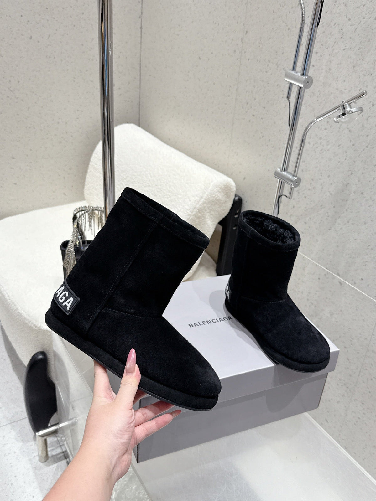Balenciaga Alaska Soft Booties Black Suede Shearing 554395