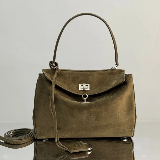 Balenciaga Small Bag 29 Olive Green Suede Sliver Hardware