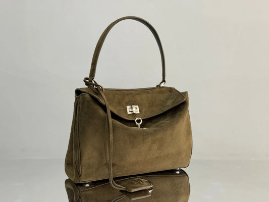 Balenciaga Small Bag 29 Olive Green Suede Sliver Hardware