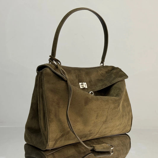 Balenciaga Medium Bag 35 Olive Green Suede Sliver Hardware